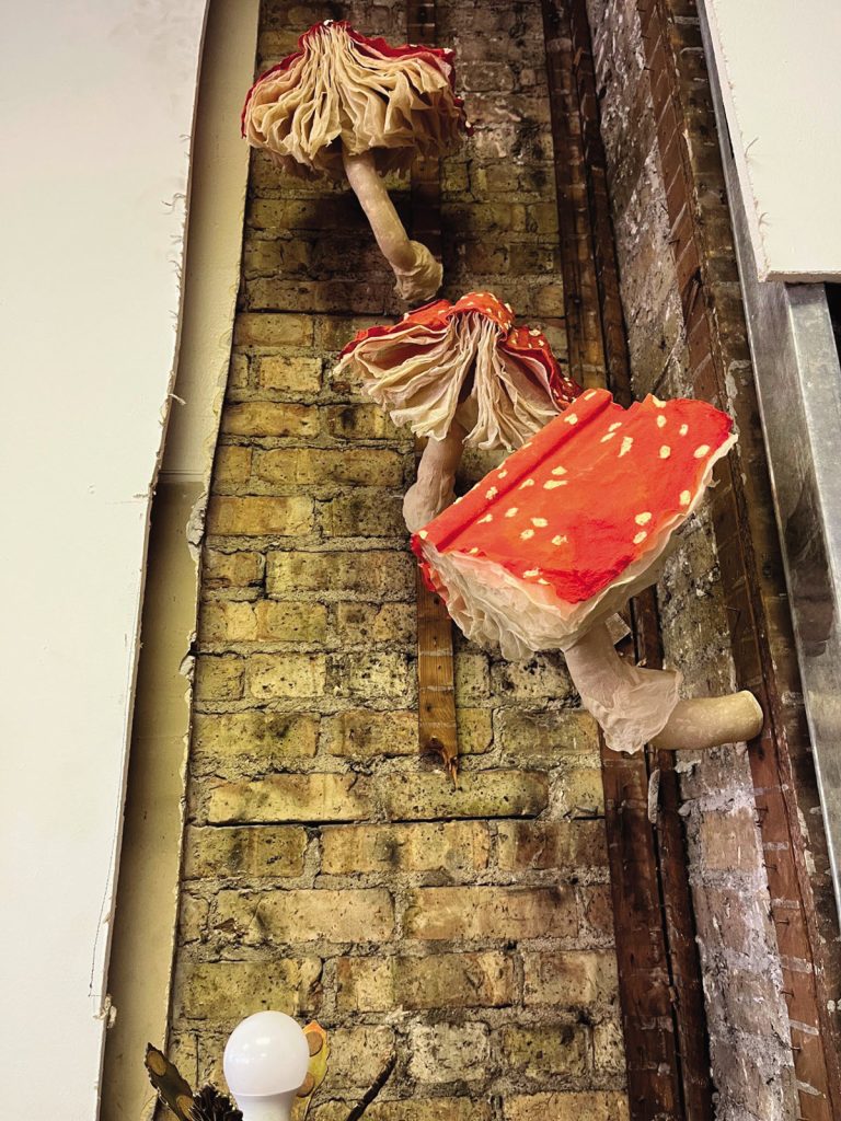 brick wall with books re-used to look like red mushrooms